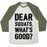 Virgin Teez  Baseball Tee Unisex Tri-Blend Baseball Tee / small / Oatmeal / Moss DEAR SQUATS WHAT'S GOOD UNISEX TRI-BLEND BASEBALL TEE