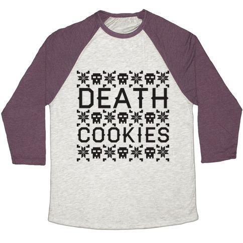 Virgin Teez  Baseball Tee Unisex Tri-Blend Baseball Tee / small / Oatmeal / Maroon DEATH COOKIES UNISEX TRI-BLEND BASEBALL TEE