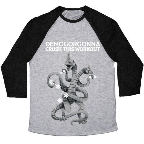 Virgin Teez  Baseball Tee Unisex Tri-Blend Baseball Tee / small / Athletic Gray / Black DEMOGORGONNA CRUSH THIS WORKOUT UNISEX TRI-BLEND BASEBALL TEE