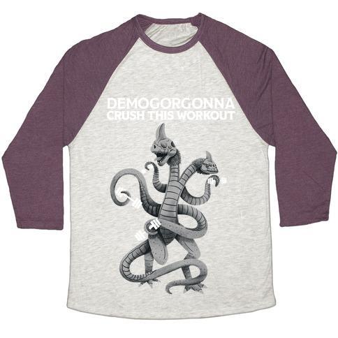 Virgin Teez  Baseball Tee Unisex Tri-Blend Baseball Tee / small / Oatmeal / Maroon DEMOGORGONNA CRUSH THIS WORKOUT UNISEX TRI-BLEND BASEBALL TEE