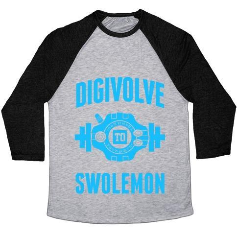 Virgin Teez  Baseball Tee Unisex Tri-Blend Baseball Tee / small / Athletic Gray / Black DIGIVOLVE TO SWOLEMON! (LIGHT PRINT) UNISEX TRI-BLEND BASEBALL TEE