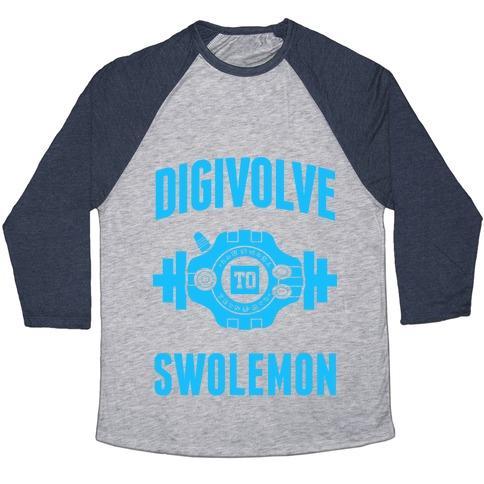 Virgin Teez  Baseball Tee Unisex Tri-Blend Baseball Tee / small / Athletic Gray / Navy DIGIVOLVE TO SWOLEMON! (LIGHT PRINT) UNISEX TRI-BLEND BASEBALL TEE