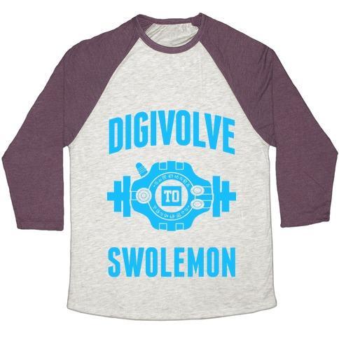 Virgin Teez  Baseball Tee Unisex Tri-Blend Baseball Tee / small / Oatmeal / Maroon DIGIVOLVE TO SWOLEMON! (LIGHT PRINT) UNISEX TRI-BLEND BASEBALL TEE