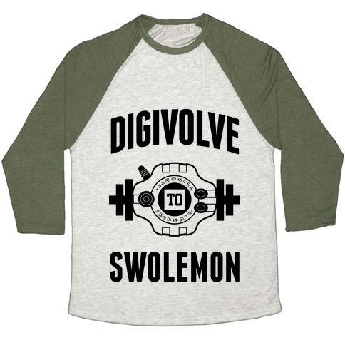 Virgin Teez  Baseball Tee Unisex Tri-Blend Baseball Tee / small / Oatmeal / Moss DIGIVOLVE TO SWOLEMON! UNISEX TRI-BLEND BASEBALL TEE