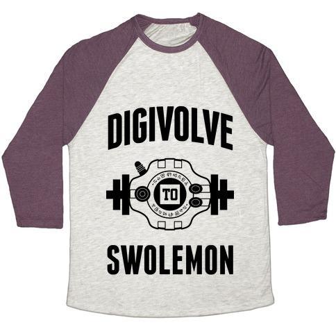 Virgin Teez  Baseball Tee Unisex Tri-Blend Baseball Tee / small / Oatmeal / Maroon DIGIVOLVE TO SWOLEMON! UNISEX TRI-BLEND BASEBALL TEE