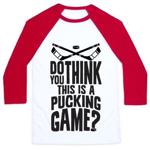 Virgin Teez  Baseball Tee Unisex Classic Baseball Tee / x-small / White/Red DO YOU THINK THIS IS A PUCKING GAME? UNISEX CLASSIC BASEBALL TEE