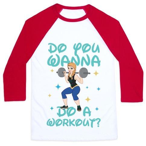 Virgin Teez  Baseball Tee Unisex Classic Baseball Tee / x-small / White/Red DO YOU WANNA DO A WORKOUT (PRINCESS PARODY) UNISEX CLASSIC BASEBALL TEE