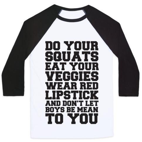 Virgin Teez  Baseball Tee Unisex Classic Baseball Tee / x-small / White/Black DO YOUR SQUATS EAT YOUR VEGGIES WEAR RED LIPSTICK UNISEX CLASSIC BASEBALL TEE