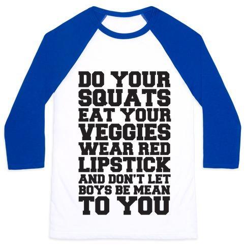 Virgin Teez  Baseball Tee Unisex Classic Baseball Tee / x-small / White/Blue DO YOUR SQUATS EAT YOUR VEGGIES WEAR RED LIPSTICK UNISEX CLASSIC BASEBALL TEE