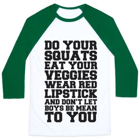Virgin Teez  Baseball Tee Unisex Classic Baseball Tee / x-small / White/Dark Green DO YOUR SQUATS EAT YOUR VEGGIES WEAR RED LIPSTICK UNISEX CLASSIC BASEBALL TEE