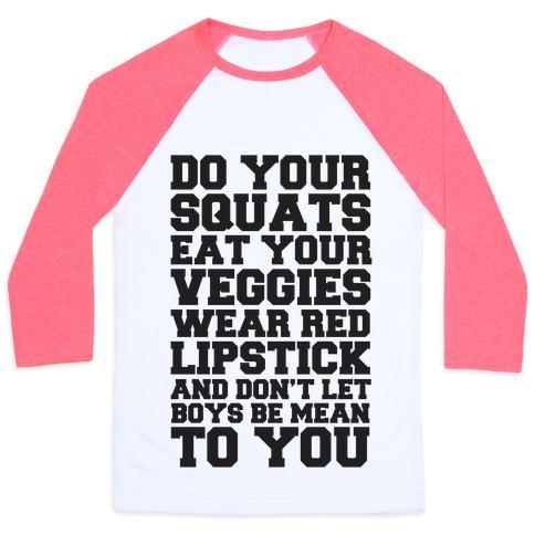 Virgin Teez  Baseball Tee Unisex Classic Baseball Tee / x-small / White/Neon Pink DO YOUR SQUATS EAT YOUR VEGGIES WEAR RED LIPSTICK UNISEX CLASSIC BASEBALL TEE
