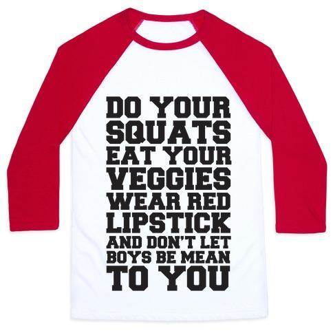 Virgin Teez  Baseball Tee Unisex Classic Baseball Tee / x-small / White/Red DO YOUR SQUATS EAT YOUR VEGGIES WEAR RED LIPSTICK UNISEX CLASSIC BASEBALL TEE