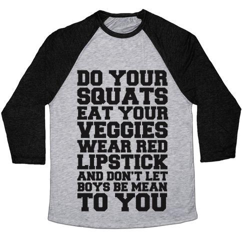 Virgin Teez  Baseball Tee Unisex Tri-Blend Baseball Tee / small / Athletic Gray / Black DO YOUR SQUATS EAT YOUR VEGGIES WEAR RED LIPSTICK UNISEX TRI-BLEND BASEBALL TEE