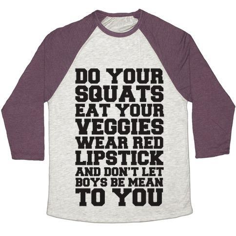Virgin Teez  Baseball Tee Unisex Tri-Blend Baseball Tee / small / Oatmeal / Maroon DO YOUR SQUATS EAT YOUR VEGGIES WEAR RED LIPSTICK UNISEX TRI-BLEND BASEBALL TEE