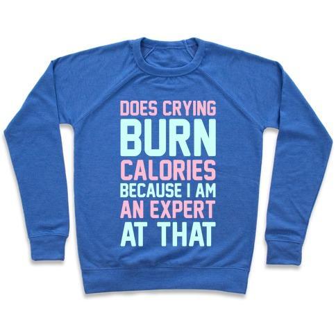 Virgin Teez  Pullover Crewneck Sweatshirt / x-small / Heathered Blue DOES CRYING BURN CALORIES BECAUSE I AM AN EXPERT AT THAT CREWNECK SWEATSHIRT