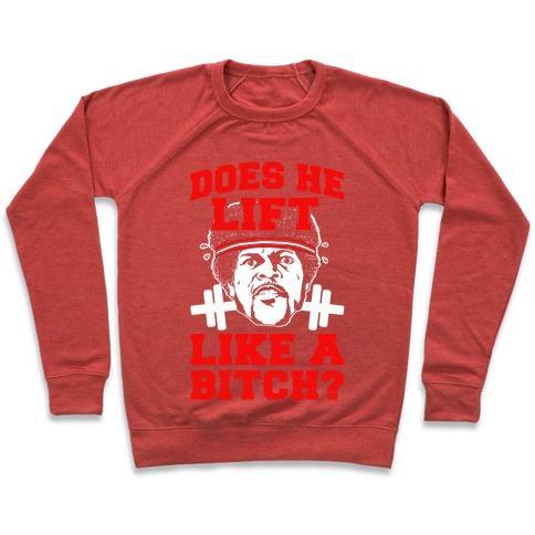 Virgin Teez  Pullover Crewneck Sweatshirt / x-small / Heathered Red DOES HE LIFT LIKE A BITCH? CREWNECK SWEATSHIRT