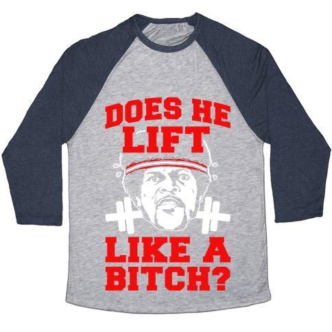 Virgin Teez  Baseball Tee Unisex Tri-Blend Baseball Tee / small / Athletic Gray / Navy DOES HE LIFT LIKE A BITCH? UNISEX TRI-BLEND BASEBALL TEE