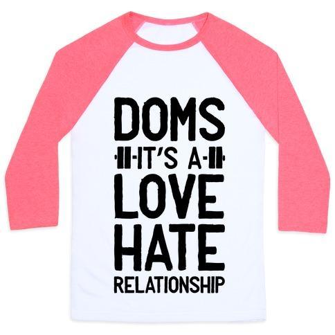 Virgin Teez  Baseball Tee Unisex Classic Baseball Tee / x-small / White/Neon Pink DOMS. IT'S A LOVE HATE RELATIONSHIP UNISEX CLASSIC BASEBALL TEE
