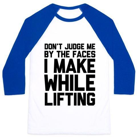 Virgin Teez  Baseball Tee Unisex Classic Baseball Tee / x-small / White/Blue DON'T JUDGE ME WHILE LIFTING UNISEX CLASSIC BASEBALL TEE