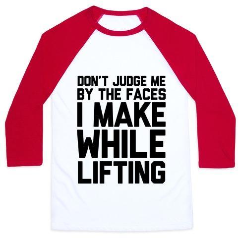 Virgin Teez  Baseball Tee Unisex Classic Baseball Tee / x-small / White/Red DON'T JUDGE ME WHILE LIFTING UNISEX CLASSIC BASEBALL TEE