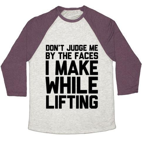 Virgin Teez  Baseball Tee Unisex Tri-Blend Baseball Tee / small / Oatmeal / Maroon DON'T JUDGE ME WHILE LIFTING UNISEX TRI-BLEND BASEBALL TEE