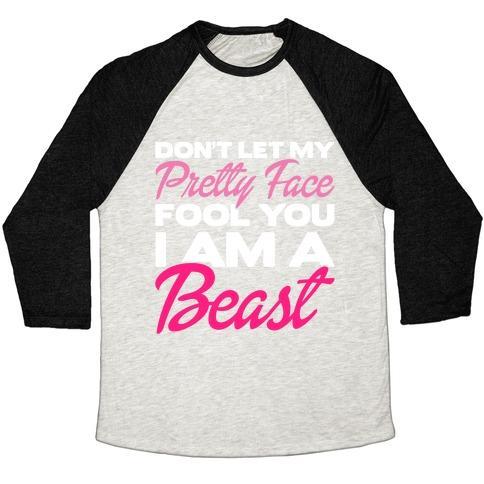 Virgin Teez  Baseball Tee Unisex Tri-Blend Baseball Tee / small / Oatmeal / Black DON'T LET MY PRETTY FACE FOOL YOU, I'M A BEAST UNISEX TRI-BLEND BASEBALL TEE