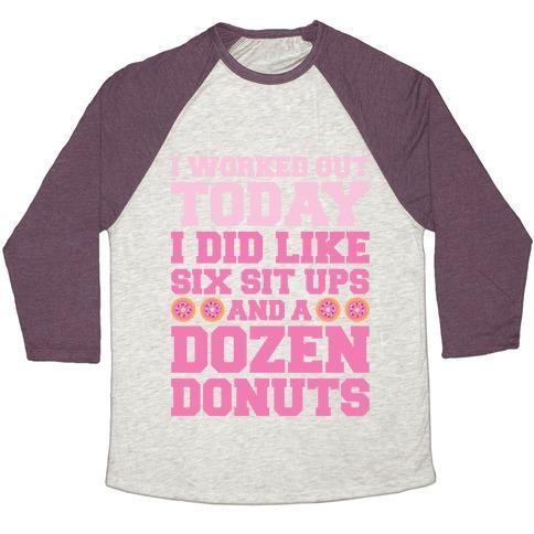 Virgin Teez  Baseball Tee Unisex Tri-Blend Baseball Tee / small / Oatmeal / Maroon DOZEN DONUT WORKOUT UNISEX TRI-BLEND BASEBALL TEE