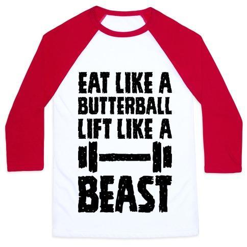 Virgin Teez  Baseball Tee Unisex Classic Baseball Tee / x-small / White/Red EAT LIKE A BUTTERBALL LIFT LIKE A BEAST UNISEX CLASSIC BASEBALL TEE
