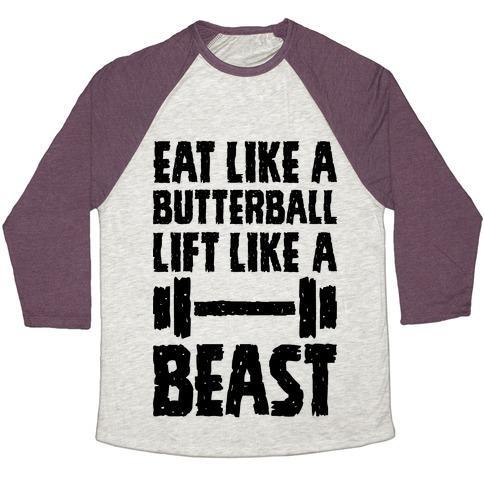 Virgin Teez  Baseball Tee Unisex Tri-Blend Baseball Tee / small / Oatmeal / Maroon EAT LIKE A BUTTERBALL LIFT LIKE A BEAST UNISEX TRI-BLEND BASEBALL TEE