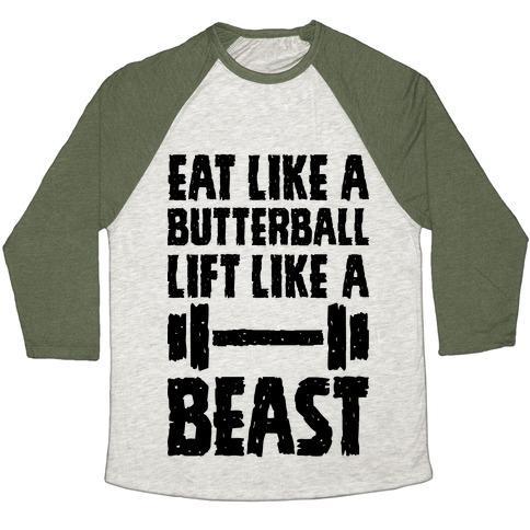 Virgin Teez  Baseball Tee Unisex Tri-Blend Baseball Tee / small / Oatmeal / Moss EAT LIKE A BUTTERBALL LIFT LIKE A BEAST UNISEX TRI-BLEND BASEBALL TEE