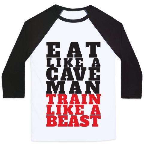 Virgin Teez  Baseball Tee Unisex Classic Baseball Tee / x-small / White/Black EAT LIKE A CAVEMAN TRAIN LIKE A BEAST UNISEX CLASSIC BASEBALL TEE