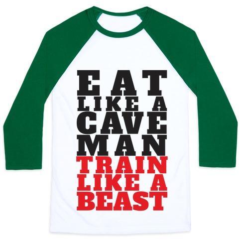 Virgin Teez  Baseball Tee Unisex Classic Baseball Tee / x-small / White/Dark Green EAT LIKE A CAVEMAN TRAIN LIKE A BEAST UNISEX CLASSIC BASEBALL TEE