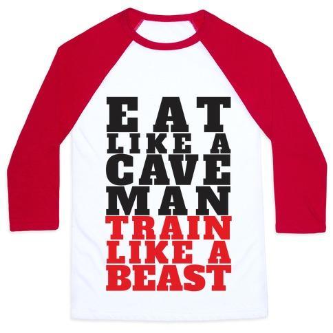 Virgin Teez  Baseball Tee Unisex Classic Baseball Tee / x-small / White/Red EAT LIKE A CAVEMAN TRAIN LIKE A BEAST UNISEX CLASSIC BASEBALL TEE