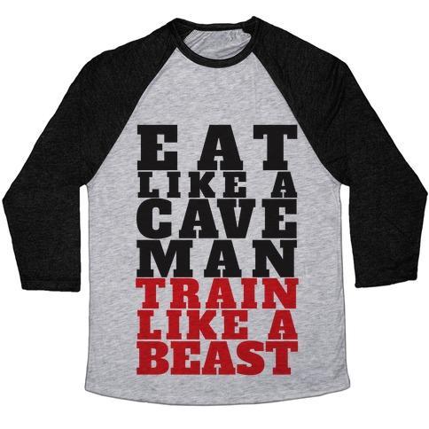 Virgin Teez  Baseball Tee Unisex Tri-Blend Baseball Tee / small / Athletic Gray / Black EAT LIKE A CAVEMAN TRAIN LIKE A BEAST UNISEX TRI-BLEND BASEBALL TEE