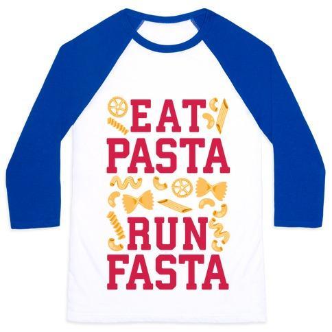Virgin Teez  Baseball Tee Unisex Classic Baseball Tee / x-small / White/Blue EAT PASTA RUN FASTA UNISEX CLASSIC BASEBALL TEE