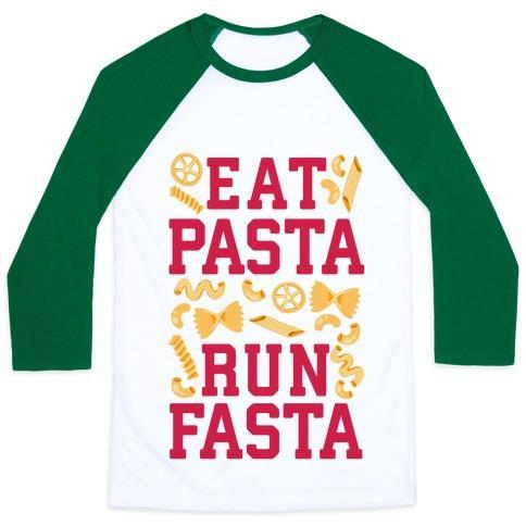 Virgin Teez  Baseball Tee Unisex Classic Baseball Tee / x-small / White/Dark Green EAT PASTA RUN FASTA UNISEX CLASSIC BASEBALL TEE