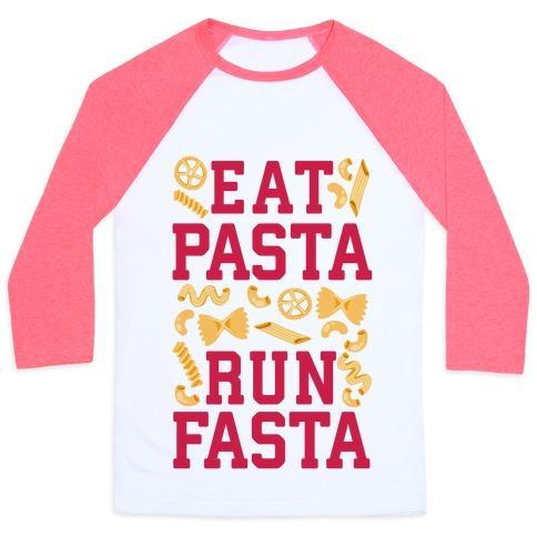 Virgin Teez  Baseball Tee Unisex Classic Baseball Tee / x-small / White/Neon Pink EAT PASTA RUN FASTA UNISEX CLASSIC BASEBALL TEE