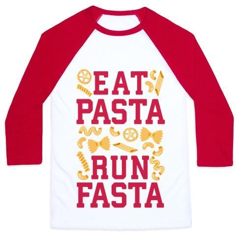 Virgin Teez  Baseball Tee Unisex Classic Baseball Tee / x-small / White/Red EAT PASTA RUN FASTA UNISEX CLASSIC BASEBALL TEE