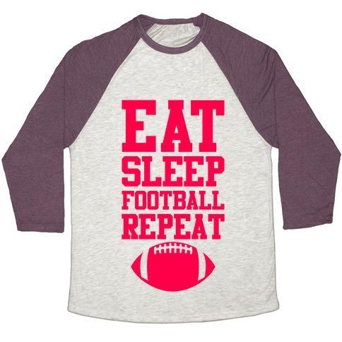 Virgin Teez  Baseball Tee Unisex Tri-Blend Baseball Tee / small / Oatmeal / Maroon EAT SLEEP FOOTBALL REPEAT UNISEX TRI-BLEND BASEBALL TEE