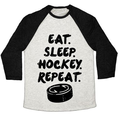 Virgin Teez  Baseball Tee Unisex Tri-Blend Baseball Tee / small / Oatmeal / Black EAT SLEEP HOCKEY UNISEX TRI-BLEND BASEBALL TEE