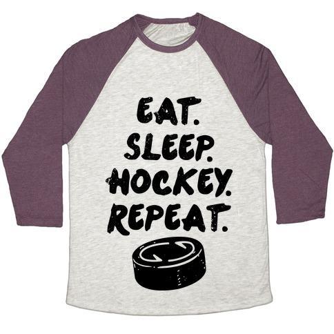 Virgin Teez  Baseball Tee Unisex Tri-Blend Baseball Tee / small / Oatmeal / Maroon EAT SLEEP HOCKEY UNISEX TRI-BLEND BASEBALL TEE