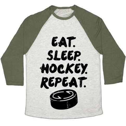 Virgin Teez  Baseball Tee Unisex Tri-Blend Baseball Tee / small / Oatmeal / Moss EAT SLEEP HOCKEY UNISEX TRI-BLEND BASEBALL TEE
