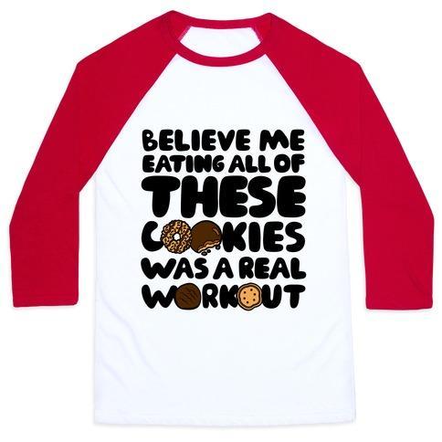 Virgin Teez  Baseball Tee Unisex Classic Baseball Tee / x-small / White/Red EATING ALL OF THESE COOKIES WAS A REAL WORKOUT UNISEX CLASSIC BASEBALL TEE
