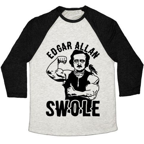 Virgin Teez  Baseball Tee Unisex Tri-Blend Baseball Tee / small / Oatmeal / Black EDGAR ALLAN SWOLE UNISEX TRI-BLEND BASEBALL TEE