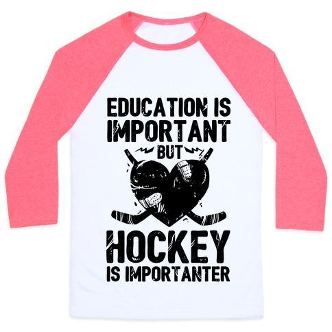 Virgin Teez  Baseball Tee Unisex Classic Baseball Tee / x-small / White/Neon Pink EDUCATION IS IMPORTANT BUT HOCKEY IS IMPORTANTER UNISEX CLASSIC BASEBALL TEE