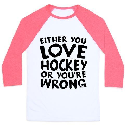 Virgin Teez  Baseball Tee Unisex Classic Baseball Tee / x-small / White/Neon Pink EITHER YOU LOVE HOCKEY OR YOU'RE WRONG UNISEX CLASSIC BASEBALL TEE