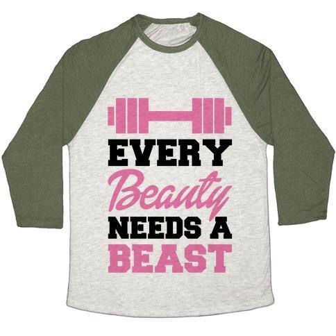 Virgin Teez  Baseball Tee Unisex Tri-Blend Baseball Tee / small / Oatmeal / Moss EVERY BEAUTY NEEDS A BEAST UNISEX TRI-BLEND BASEBALL TEE