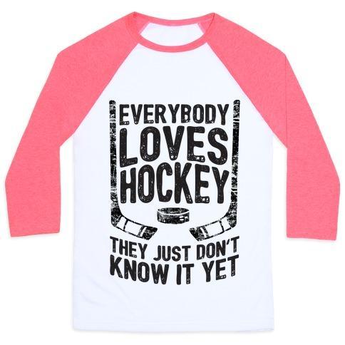 Virgin Teez  Baseball Tee Unisex Classic Baseball Tee / x-small / White/Neon Pink EVERYBODY LOVES HOCKEY THEY JUST DON'T KNOW IT YET UNISEX CLASSIC BASEBALL TEE