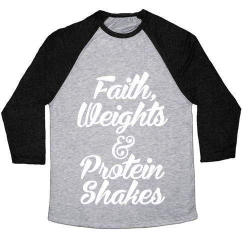 Virgin Teez  Baseball Tee Unisex Tri-Blend Baseball Tee / small / Athletic Gray / Black FAITH, WEIGHTS & PROTEIN SHAKES UNISEX TRI-BLEND BASEBALL TEE