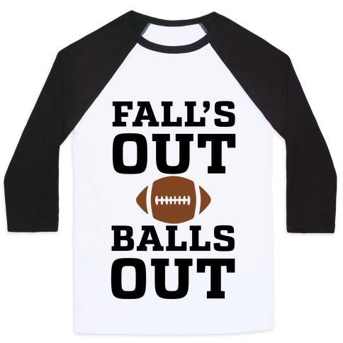 Virgin Teez  Baseball Tee Unisex Classic Baseball Tee / x-small / White/Black FALLS OUT BALLS OUT (FOOTBALL)' UNISEX CLASSIC BASEBALL TEE